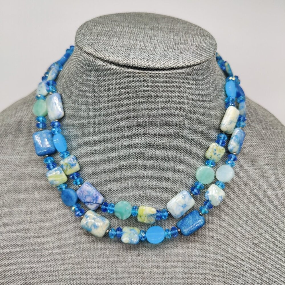 Sterling Silver Blue Crystal Sodalite Celestite Lapis ? Beaded Necklace 18"